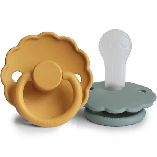 Frigg Daisy Silicone Baby Pacifier 0-6M, 2Pack, Honey Gold/Lily Pad - Size 1 - Laadlee