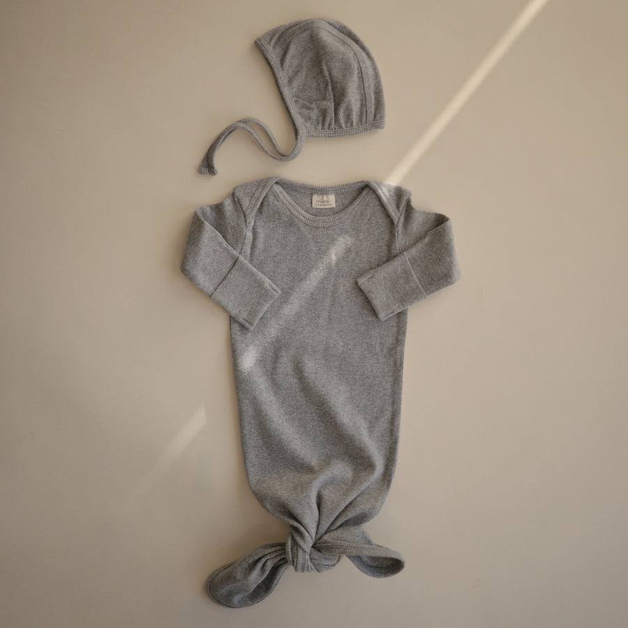 Mushie Ribbed Knotted Baby Gown Gray Melange - Laadlee