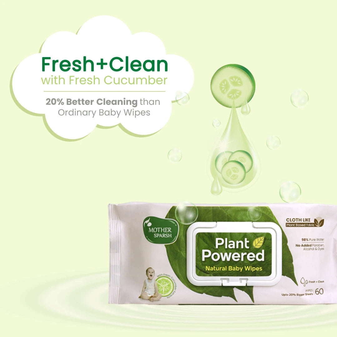 Mother Sparsh Plant Powered Natural Baby Wipes with Fresh Cucumber - 60pcs - Laadlee
